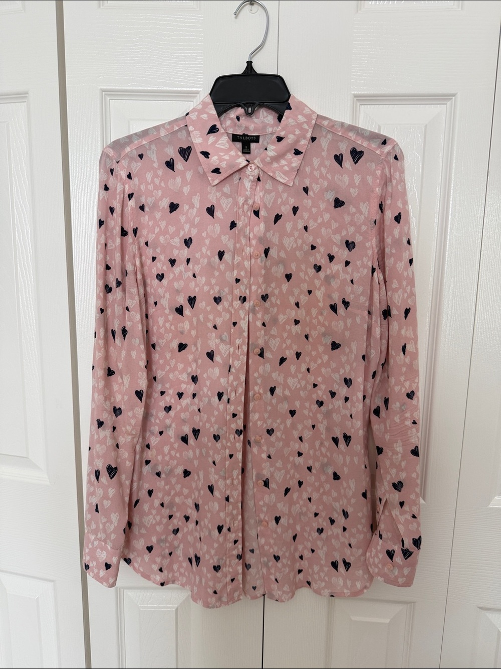 Talbots Pink Button-Down Shirt with Black Heart Print